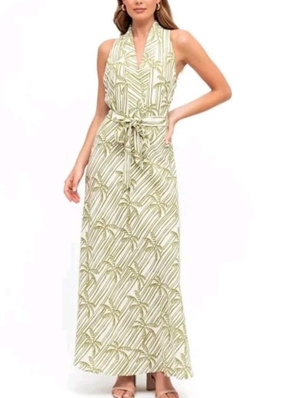 White Closet Elements NEW Ivory & Green Tropical Palm Linen Blend Maxi Dress SZ